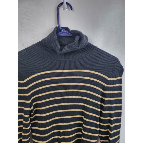 Lauren Ralph Lauren Womens Turtleneck Sweater Medium Black Gold Metallic Striped - Picture 2 of 7